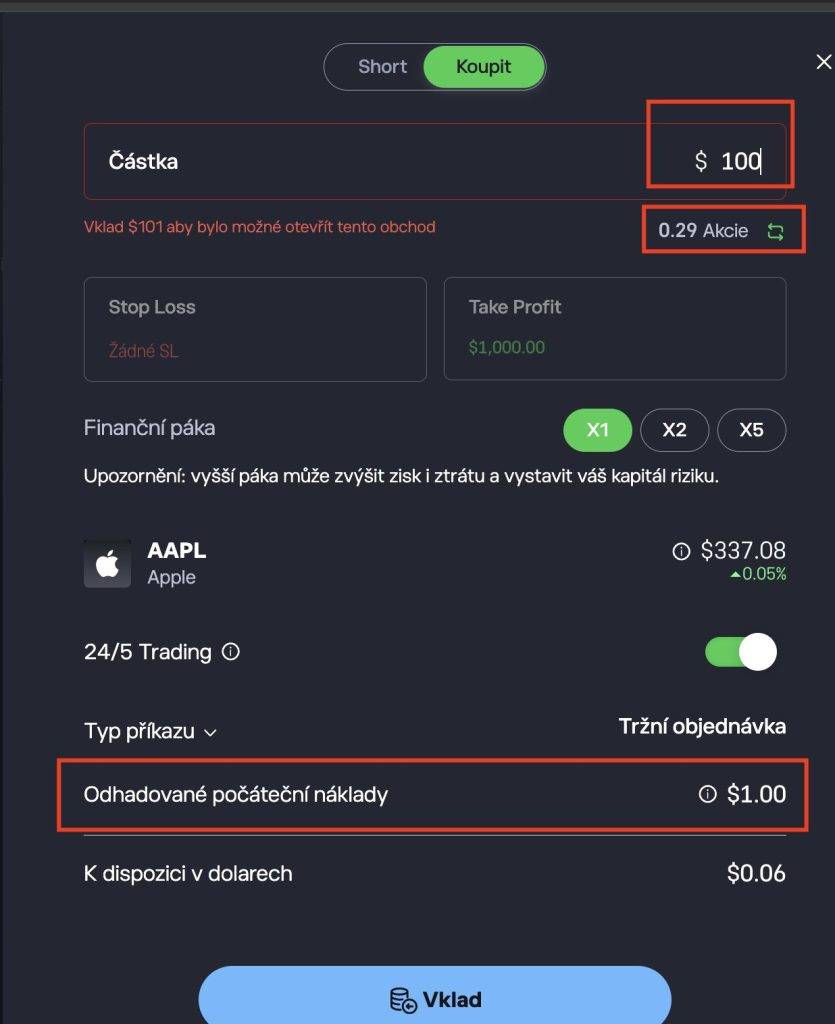 screenshot etoro aplik&aacute;cie n&aacute;kup Apple akci&iacute; za 100 USD s poplatkom 1 USD