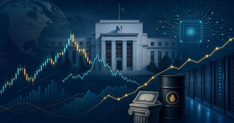Fed, burzový graf a čipy umelej inteligencie symbolizujúce riziká pre americké akcie