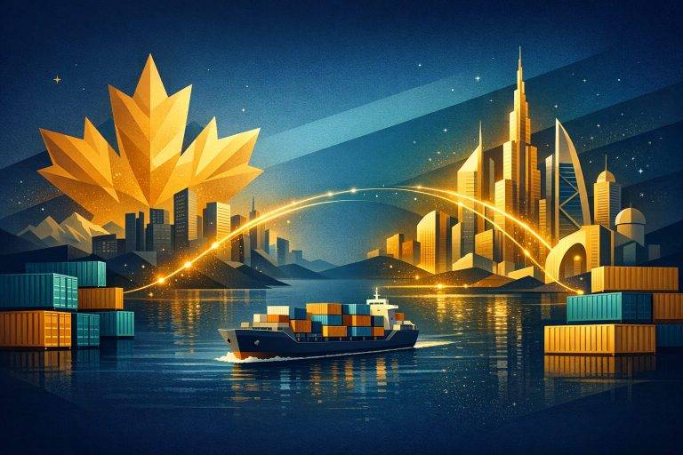 Ilustrácia obchodného prepojenia Kanady a Spojených arabských emirátov