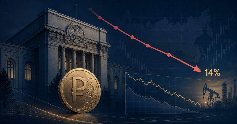 Ilustrácia ruskej centrálnej banky, rubľa a poklesu úrokovej sadzby na 14 percent